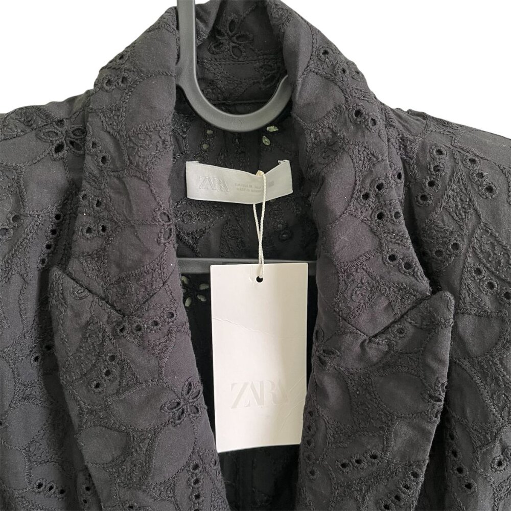 Zara Black Embroidered Eyelet Blazer Medium Organic Cotton Chic Elevated Basics - Picture 8 of 13